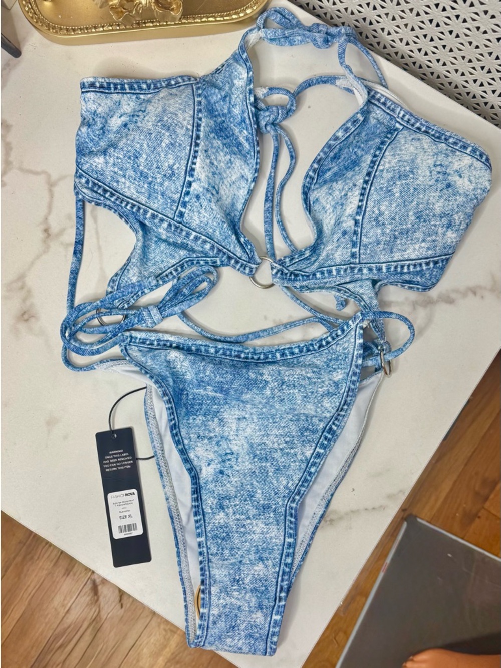 FN Denim Print Monokini Blue Acid Wash Cutout Tie Bikini Sexy Swimwear NWT - Picture 4 of 4